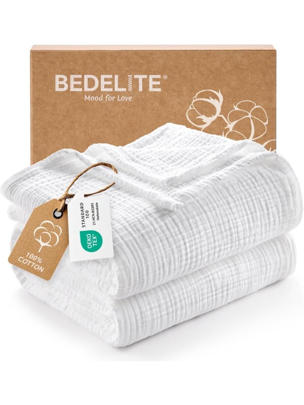 100% Cotton Muslin Blanket, Breathable Soft Throw for Adults, 90"x90", White